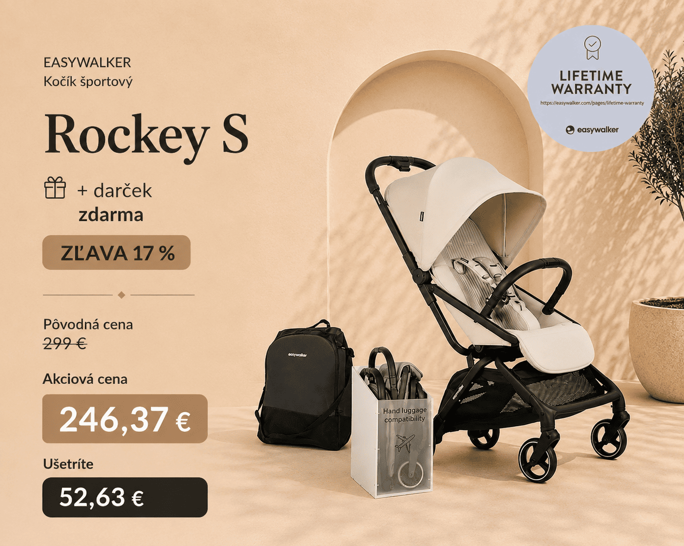 EASYWALKER Kočík športový Rockey S Bright Taupe+darček zdarma